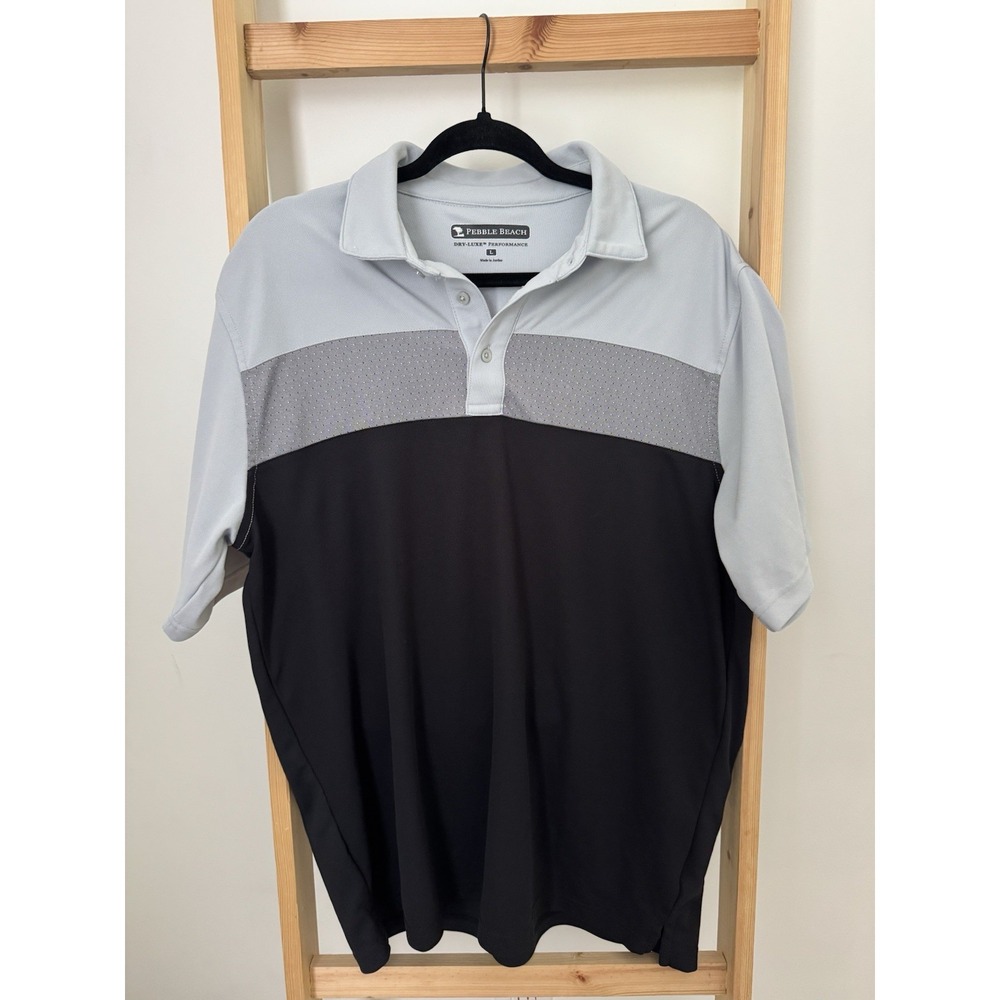 Pebble Beach Golf Polo Shirt Large Black Gray Dry-Luxe Performance Men's